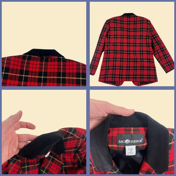 80s/90s plaid red coat by Sag Harbor, vintage size 14 red & black blazer/coat - Picture 2 of 9